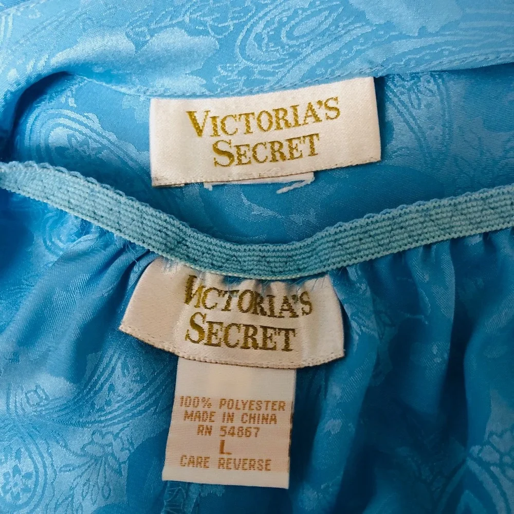 VTG Victorias Secret Cami Tank Set Gold Label Women L Blue Satin Brocade Cut Out